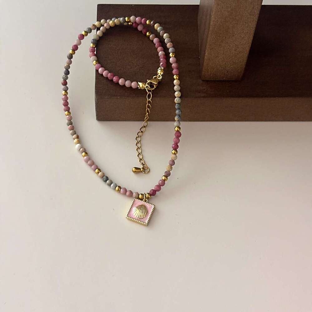 Pink Square Gold Shell Dopamine Colorful Natural Stone Beaded Necklace Elegant Versatile Fashionable Clavicle Chain 8e4