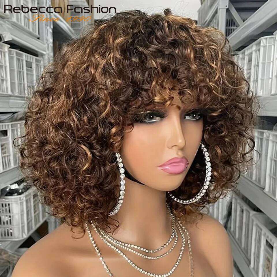 Short Pixie Bob Cut Human Hair With Bangs Jerry Curly Full hine Wig Highlight Honey Blonde Colored Wigs For Women