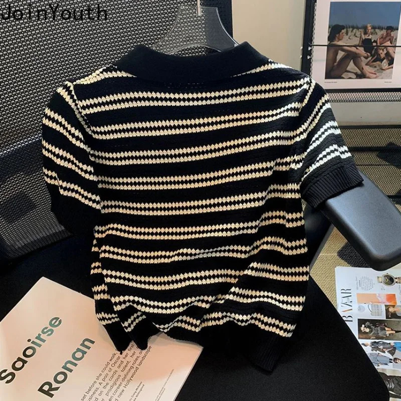Summer Woman Tshirts 2025 Shirts for Women Fashion Striped Casual Tees Korean Knitted T Shirts Short Sleeve Crop Tops Ropa Mujer 250724