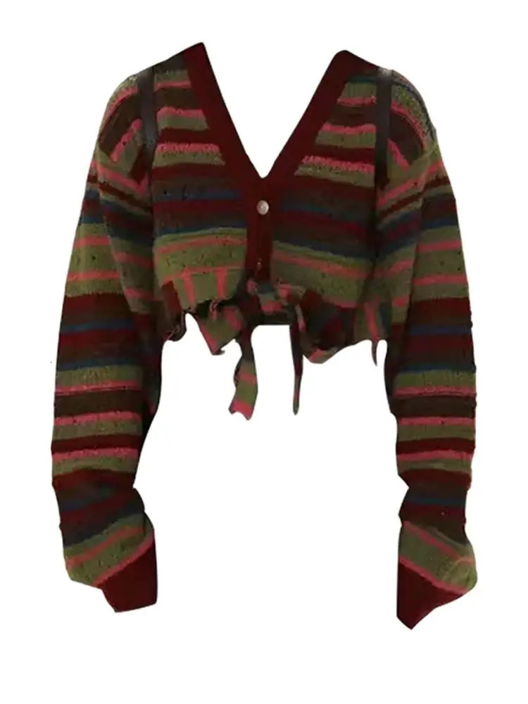 American Vintage Autumn Vintage Contrast Stripe Knitted Cardigan V-Neck Loose Casual Short Top Women 250730