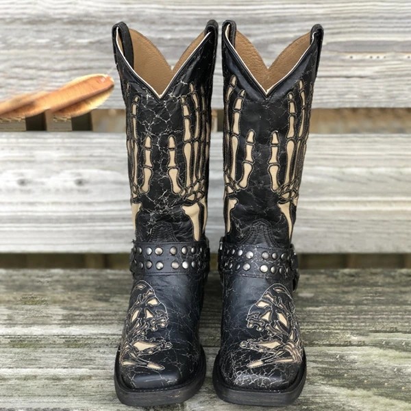 Square Head Totem Skull Patterned Martin Style Boots for Men Plus Sizing Options