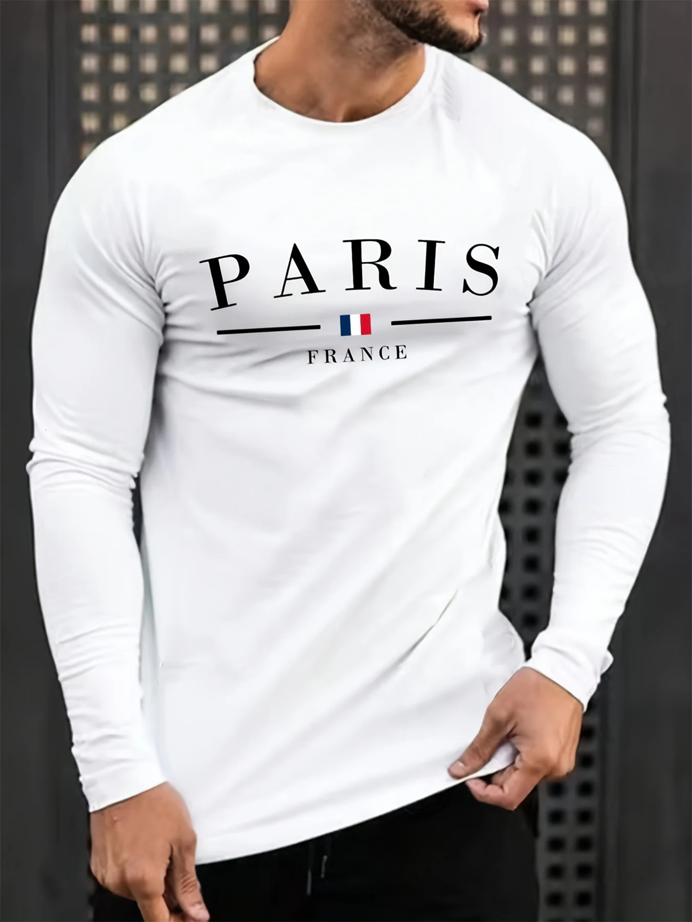 Mens 100% pure cotton comfortable casual loose oversized Paris France pattern printed round neck long sleeve Tshirt top 250729