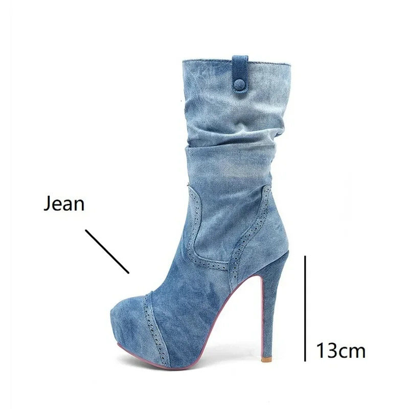 Ochanmeb Sexy Super High Stiletto Heel Pleated Boots Women Blue Denim Round Toe Zipper Jean Boot Ladies Winter Shoes Big Size 43 250729