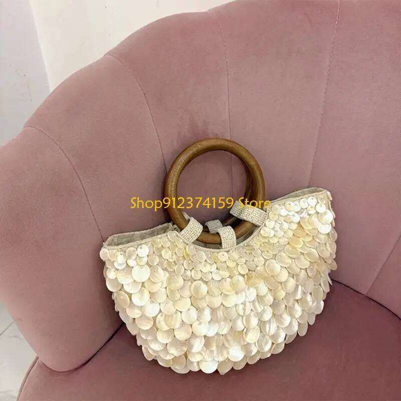 G5AE Elegant Beaded Shell Design Top Handle Purse Bohemian Handmade Handbag For Vacation Essential And Casual Ocn