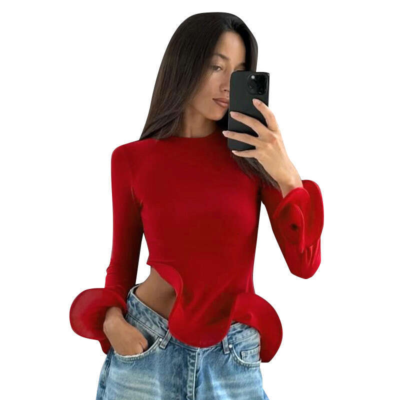 Ytp419 Women's Autumn New Three-Dimensional Moldable Ruffled Round Neck Flared Long Sleeve Top T-Shirt For Women B5