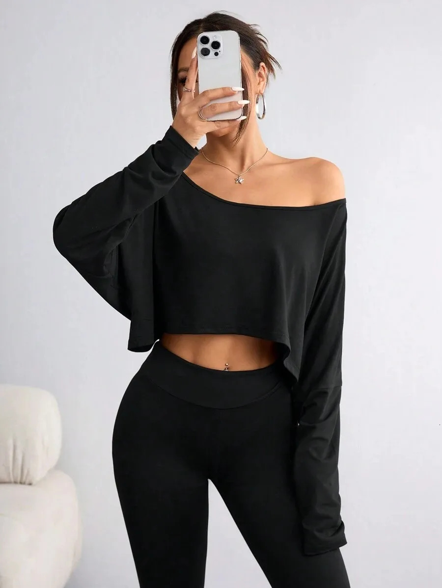 Womens Black Long Sleeve Blouse Tshirt Casual Asymmetrical Neck Strapless Top for Sporty 250729