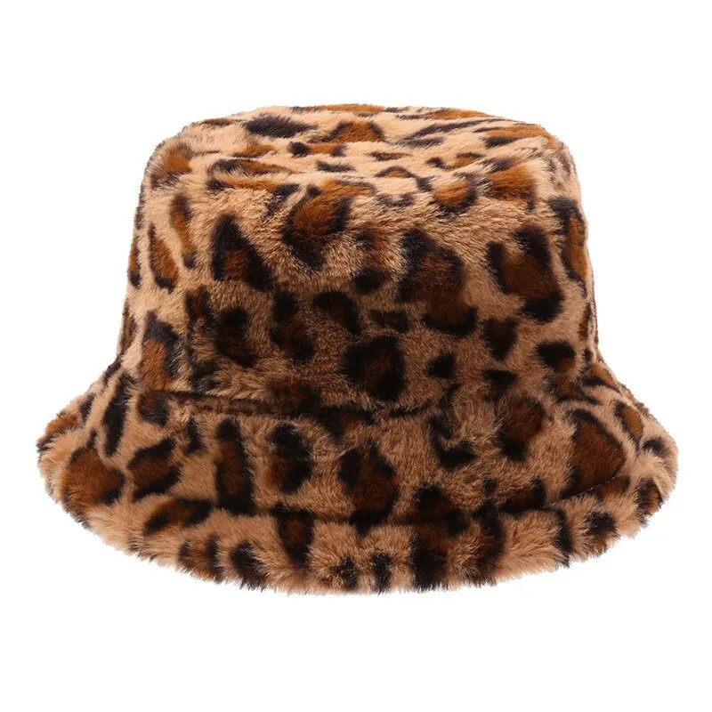 Leopard Print Hat Woman Winter Show Face Little Fisherman Hat Woman Versatile Warm Pot Ins Plush Bucket Hat 250724