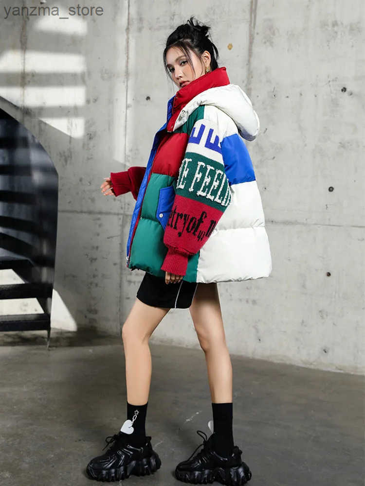 Strtwear Letter Stitching Fashion Down Jacket Womens New Hooded Parka Loose Winter Down Coat Female Thick Casual Warm Clothes L250730