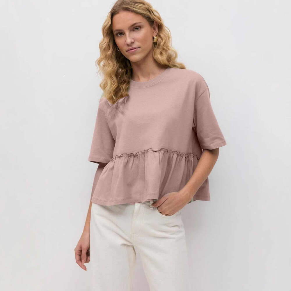 Spring Summer New Style Pure Cotton Round Neck Pleated T-Shirt For Women Soft Loose Casual Versatile Top B5