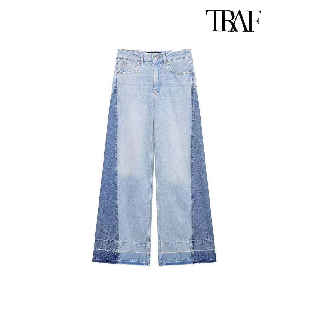 TRAF Fashion Vintage Style Contrast Color Splicing Waist Wide Leg Jeans High Street Casual Versatile Women's Pants MDNG
