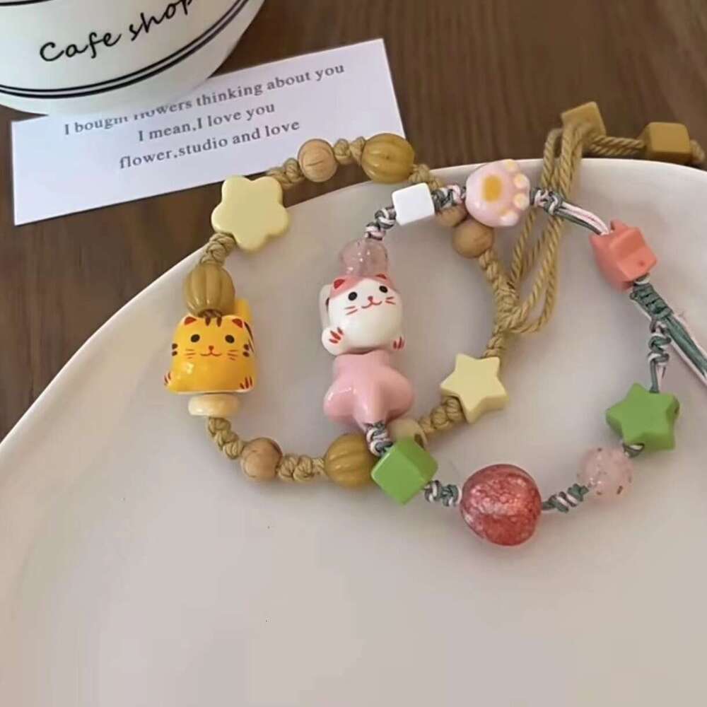 Fresh Yellow Ceramic Kitten Handmade Braided Drawstring Design Niche Sweet Girl Bracelet 2d0