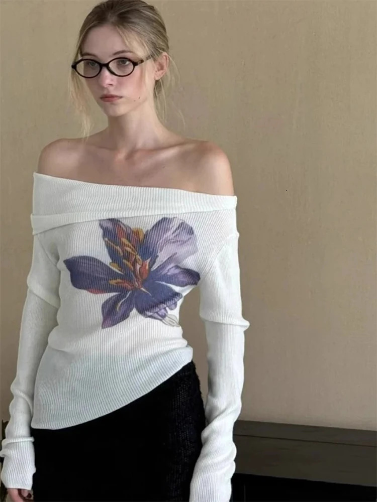 Trendix Knit Print Pullover for Women Summer Long Sleeve Asymmetric Top Ladies Party Sexy Off Shoulder Knitwear Flower Tops 250723