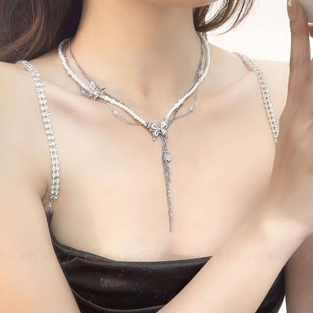 New Zircon Butterfly Pearl Tassel Blue Bead Necklace Light Niche Exquisite Simple High-end Versatile Collarbone Chain 942