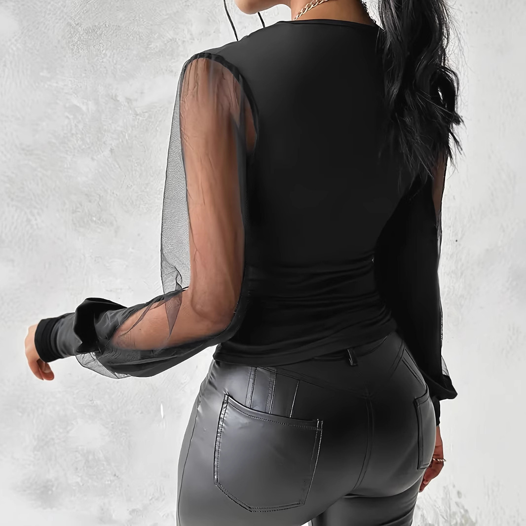 F2063 Summer Womens V-neck Solid Color Elegant Mesh Patchwork Waist-cinching Top