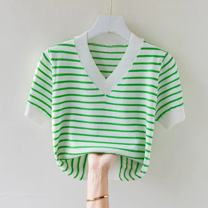 Stripe Versatile Pullover Female Knitted TShirt Summer Short Sleeve VNeck Tees Korean Clothing Fashion Women Casual Tops 2023 250724