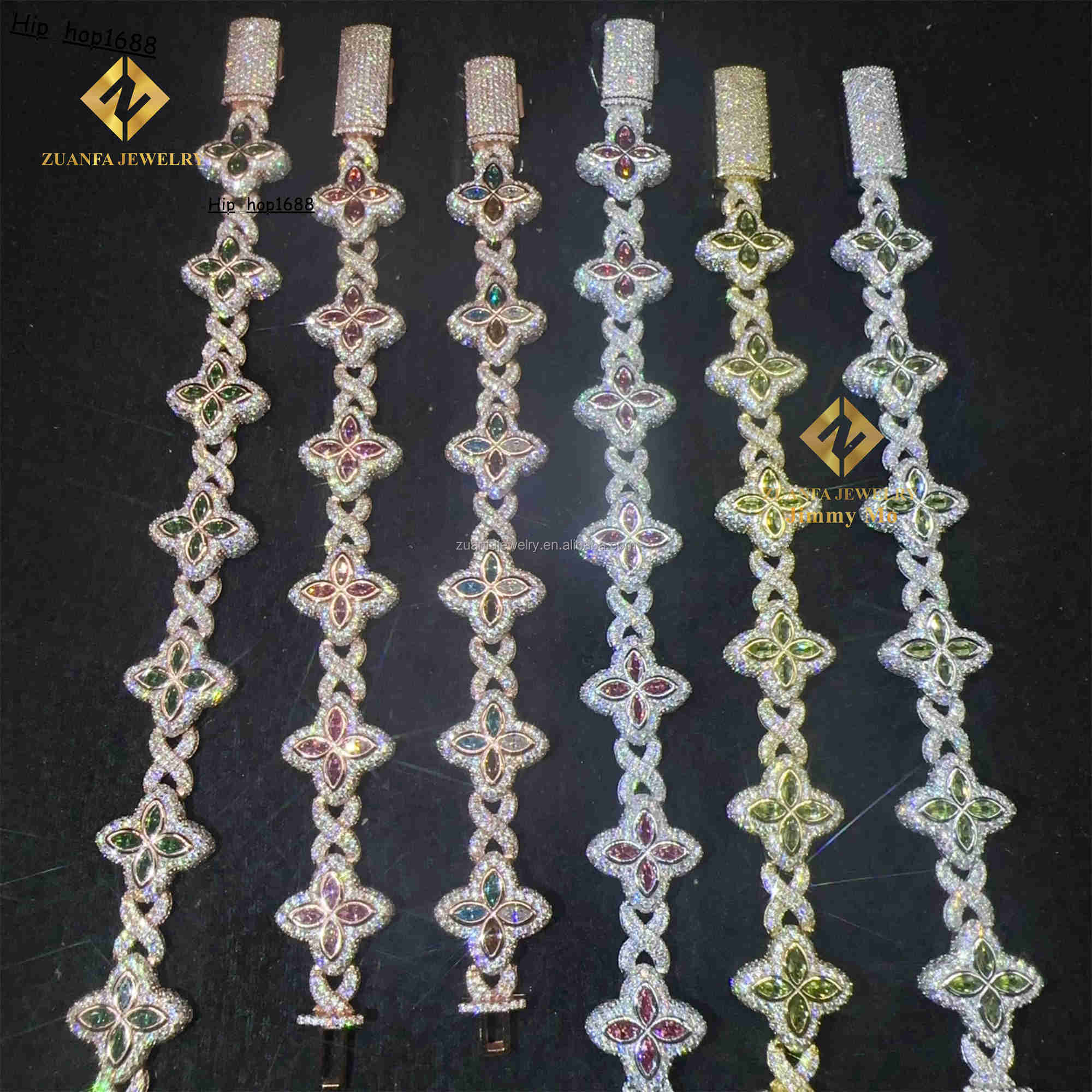 Fashion Jewelry New Arrivals Iced Out Hip Hop Jewelry S925 Silver Moissanite Diamond Four Cleef Clover Cuban Bracelet Men