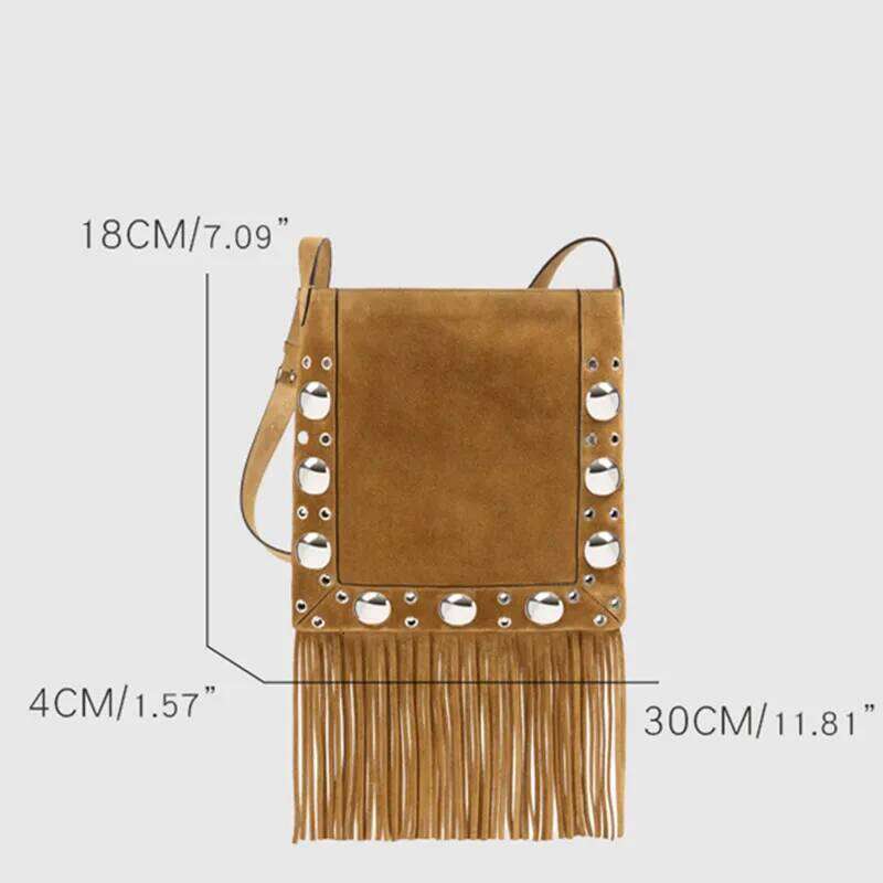 2025 Designer Vintage Faux Suede Women Messenger Fashion Rivet Trim Tassel Underarm Shoulder Bag Willow Nail Handbag
