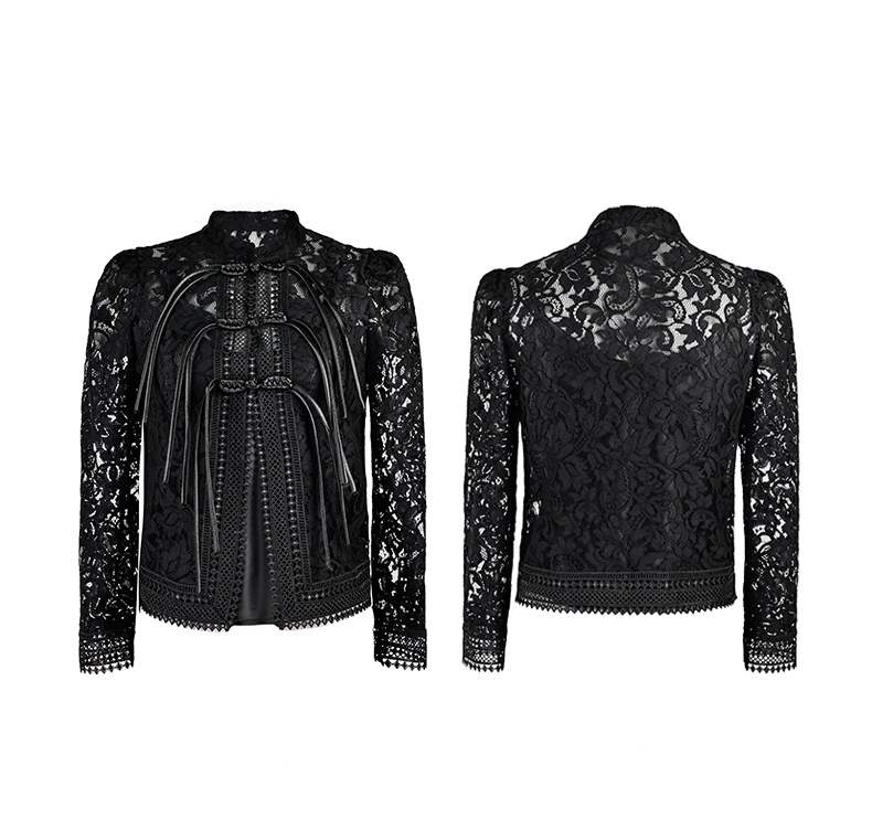 Black Lace Jackets for Women's Stand Collar 3/4 Sleeve Lightweight Gothic Sheer Jackets With Buttons 6112244
