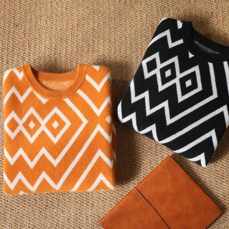 Men's 100% Merino Wool Sweater O-Neck Knit Dia Jacquard Pullover Cashmere Thickening Top Long Sleeve Jumpers Autumn Winter MDNG