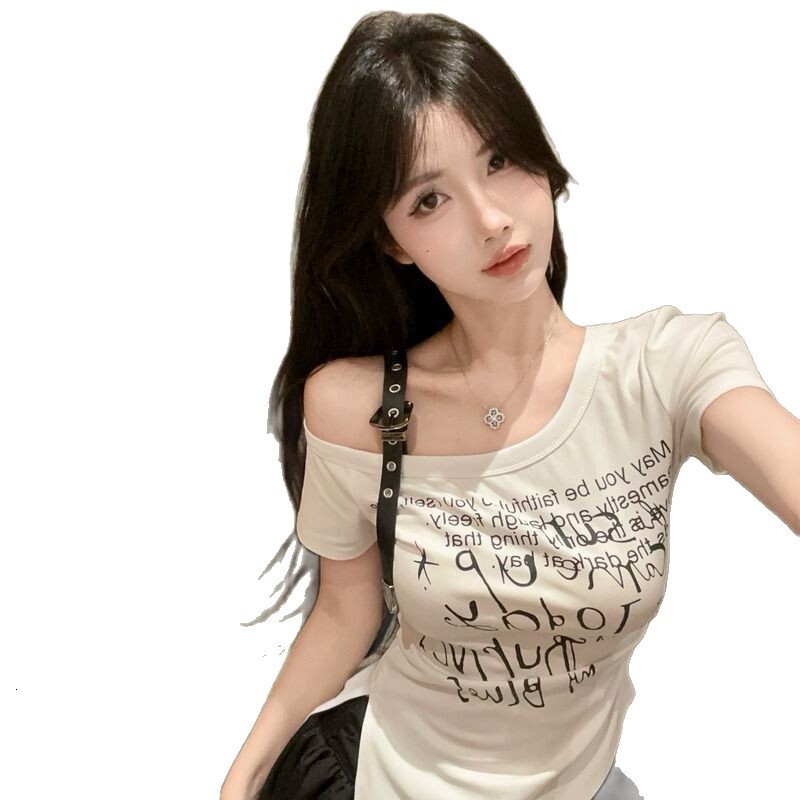 2025 American Printed Shoulder Strap Short Sleeve T-shirt Summer New Style Ruffle Waist Irregular Short Top New Designer T-shirt