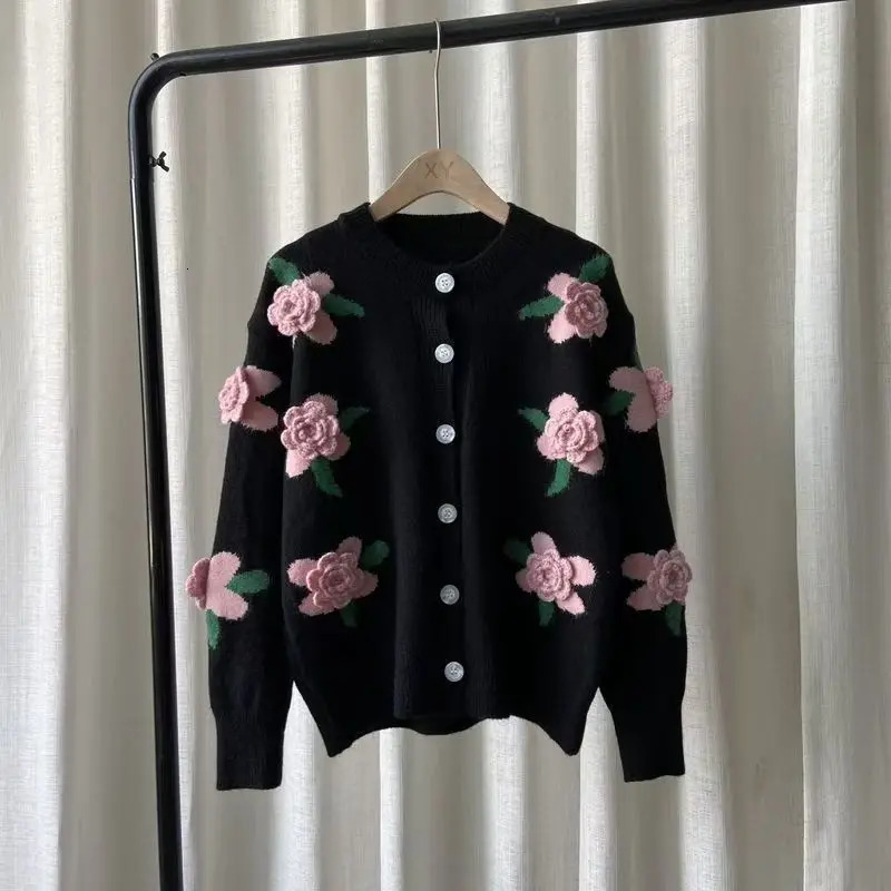 Casual Sweater Female Cardigan Women Loose Outer Coat Long Sleeve 3D Flower Round Neck Knitted 250730