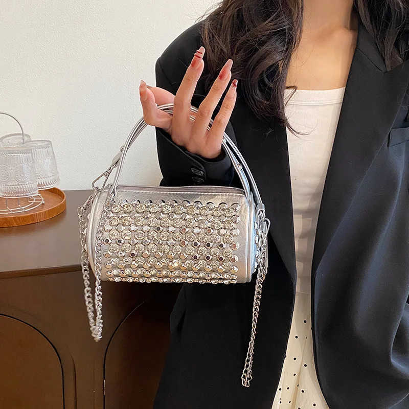 New Womens Bag Cylinder Handmade Shoulder Bag Water Diamond Versatile One Shoulder Crossbody Pillow Bag M250730