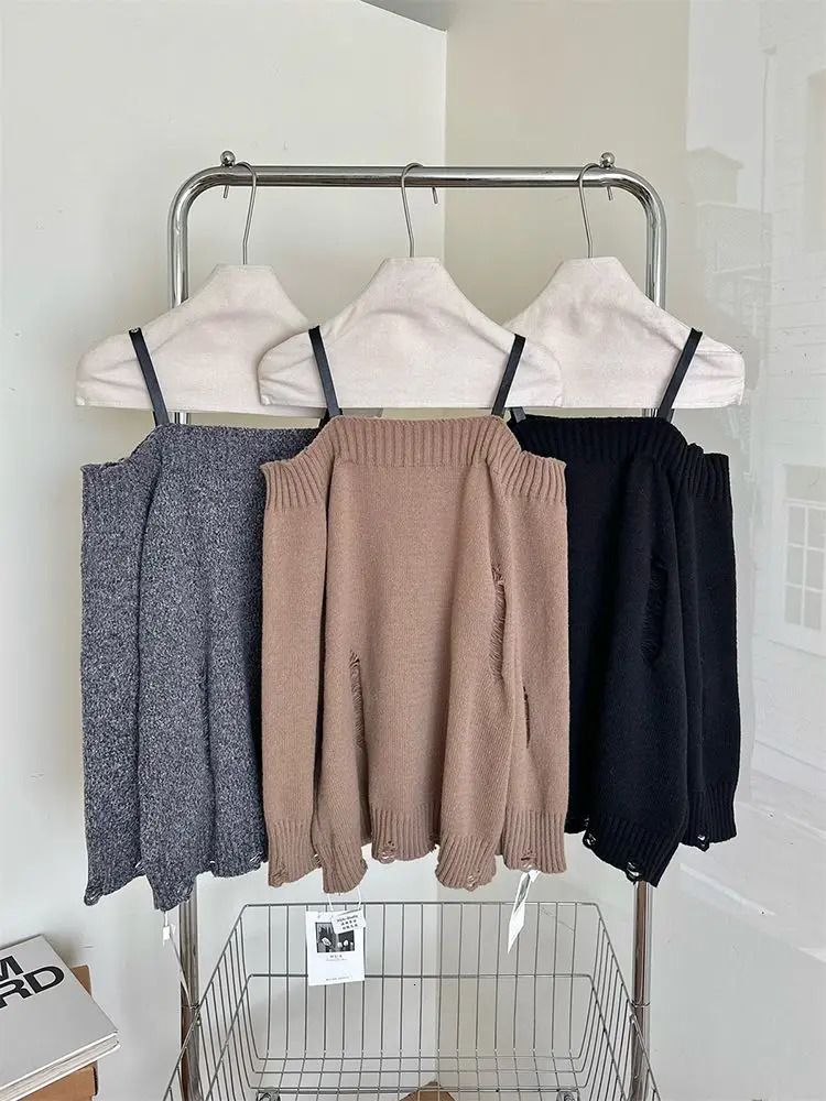 Hip Hop Off Shoulder Long Sleeves Strap Knitted Pullover Autumn Winter tie Loose Sweaters Grunge Top Womens Sweater 250723
