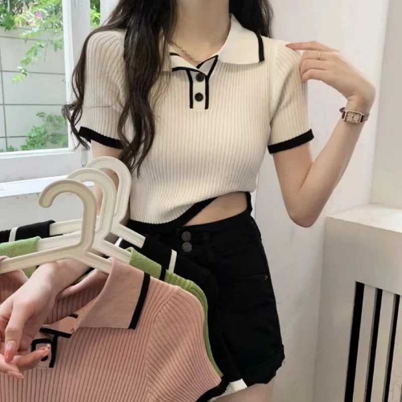 Contrast Color Polo Collar Shoulder Knitted Short Sleeves Tshirt Womens Summer SlimFitting n Sense Niche Short Tops 250724
