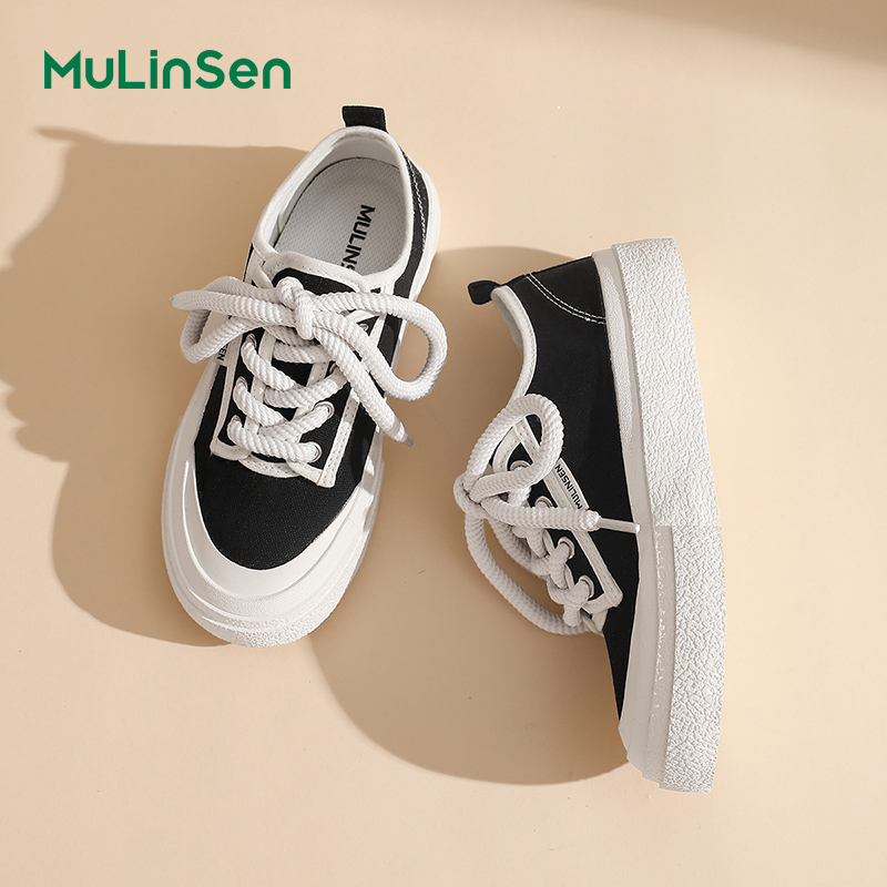 Mulinsen canvas shoes women's 2025 new spring and summer thick-soled black sneakers breathable sports casual big-toed shoes