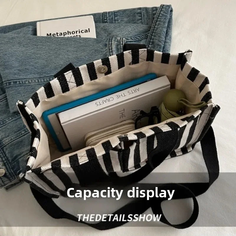 Ladies handbags largecapacity singleshoulder bags striped canvas commuting and travel shopping 250725