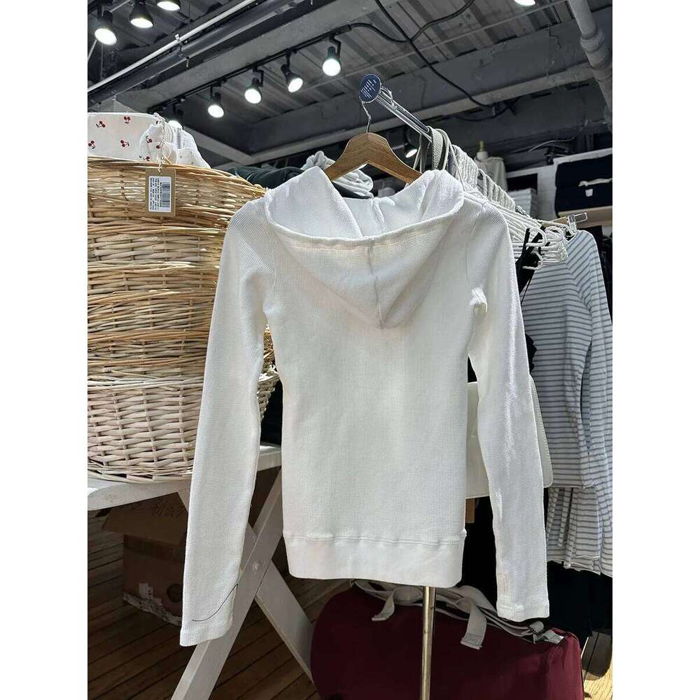 Letter Print Waffle Hooded T-shirt Women Spring New Buttons Long Sleeve Slim Tee Shirts Vintage Chic Preppy Style Tops Y2k