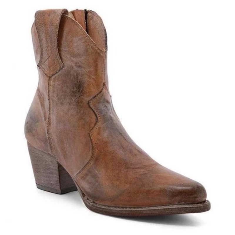 Womens Round Head Ethnic Leather Boot with Side Zipper - Thick Sole for Comfortable High Walk