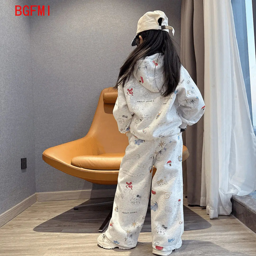 5-14Y Kids Casual Tracksuit Children Boys Cotton Zipper Hooded Jacket Loose Wide Leg Pants Set 2Pcs Sets Teen Girls Sport Suit 250729