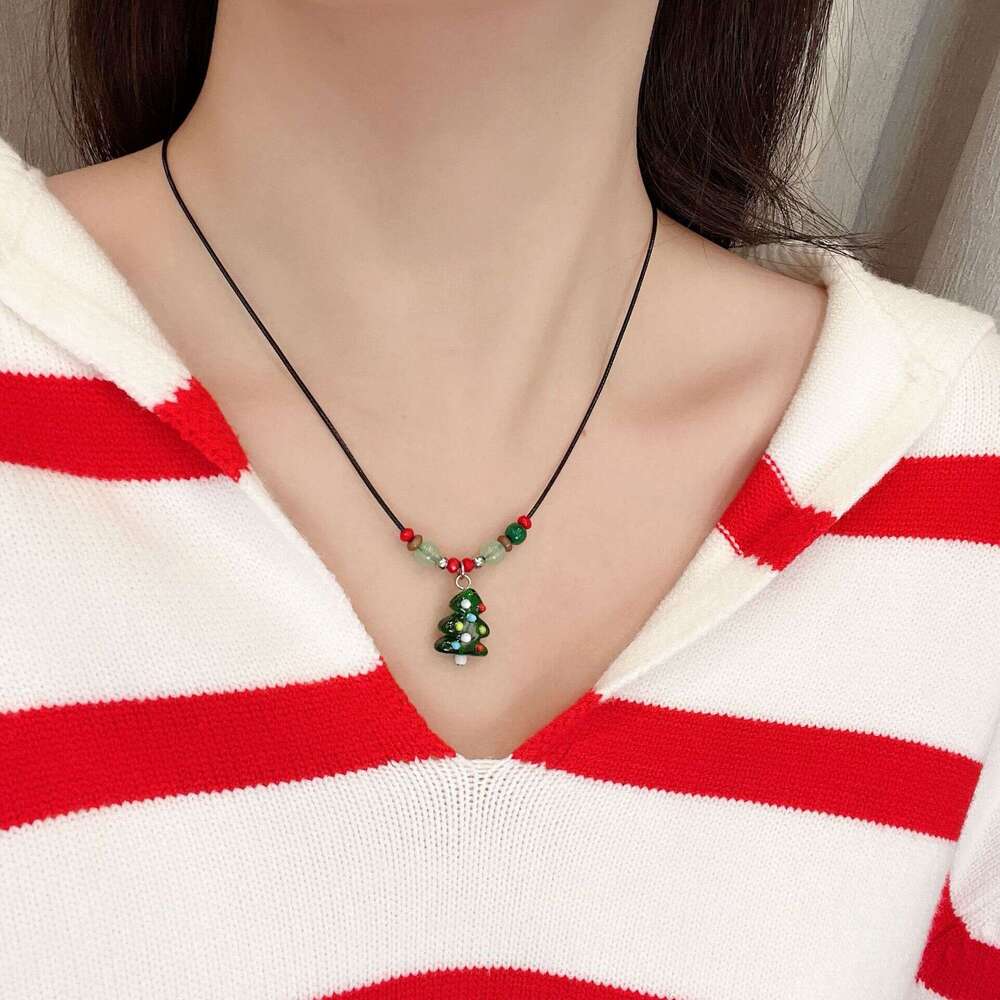 Colorful Beaded Christmas Tree Gingerbread Man Necklace for Women Cartoon Cute Sweet Collarbone Chain Fashionable Personality Sweater Accessory 60b