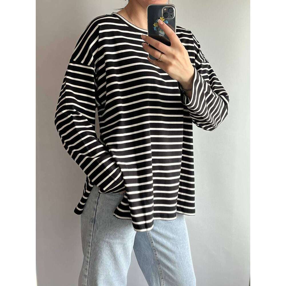 Spring Summer New Striped T-Shirt For Women Simple Casual Loose Slim Pullover Long Sleeve Top B5