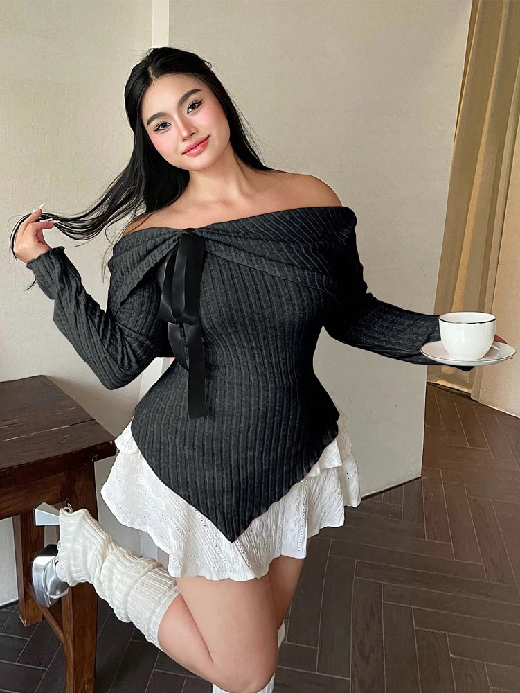 Plus Size Womens Solid Color Strapless Long Sleeve Simple TShirt Spring Daily Casual Dress Up Cute Wind Pure Polyester 250729