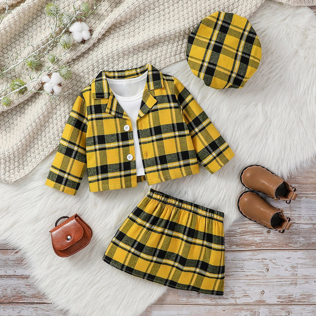 3Pcs Baby Girl Fall Fashion Plaid Long Sleeve Jacket Skirt For Streetwear Vacation Set Clothing Hat 250729