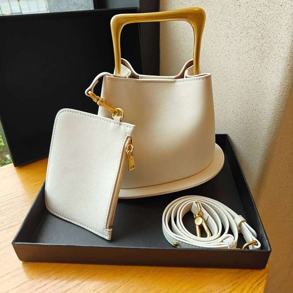 New Stylish High-end Bucket Tote Beige Color Plain Satin Cow Leather Women Handbag Metal Handle Female Crossbody Bag Small