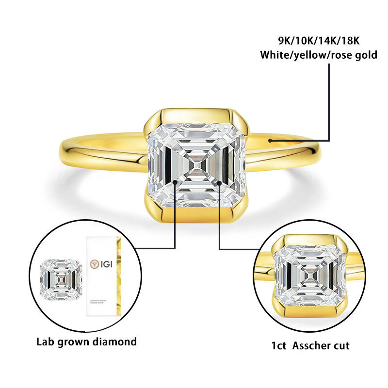 Customized 18K Gold 1CT DEF VS VVS Asscher Cut IGI Certified Lab Grown Diamonds Jewelry Rings