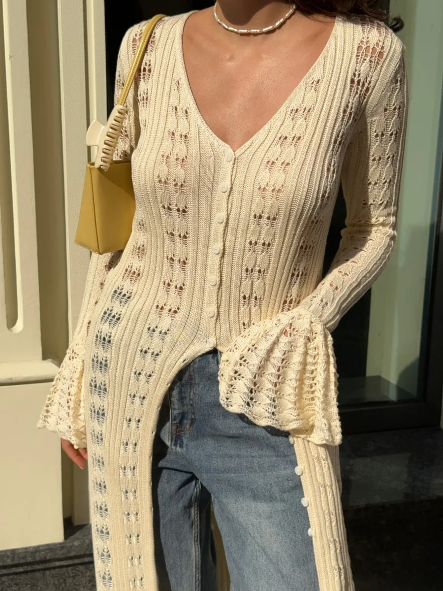 Puloru Hollowed Crochet Knit Long Cardigans for Women Ladies Autumn Chic Flare Sleeves V Neck Buttons Outwear Streetwear 250730