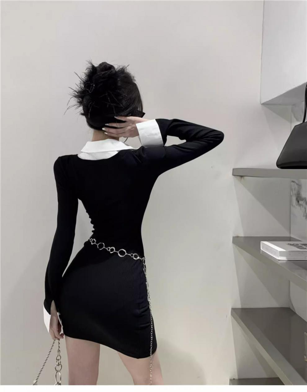 Pure Desire Style Sexy Fake Two Piece Shirts Long sleeved V-neck Dress Spring and Autumn Dress Spicy Girl Wrapped Hip Short Skir