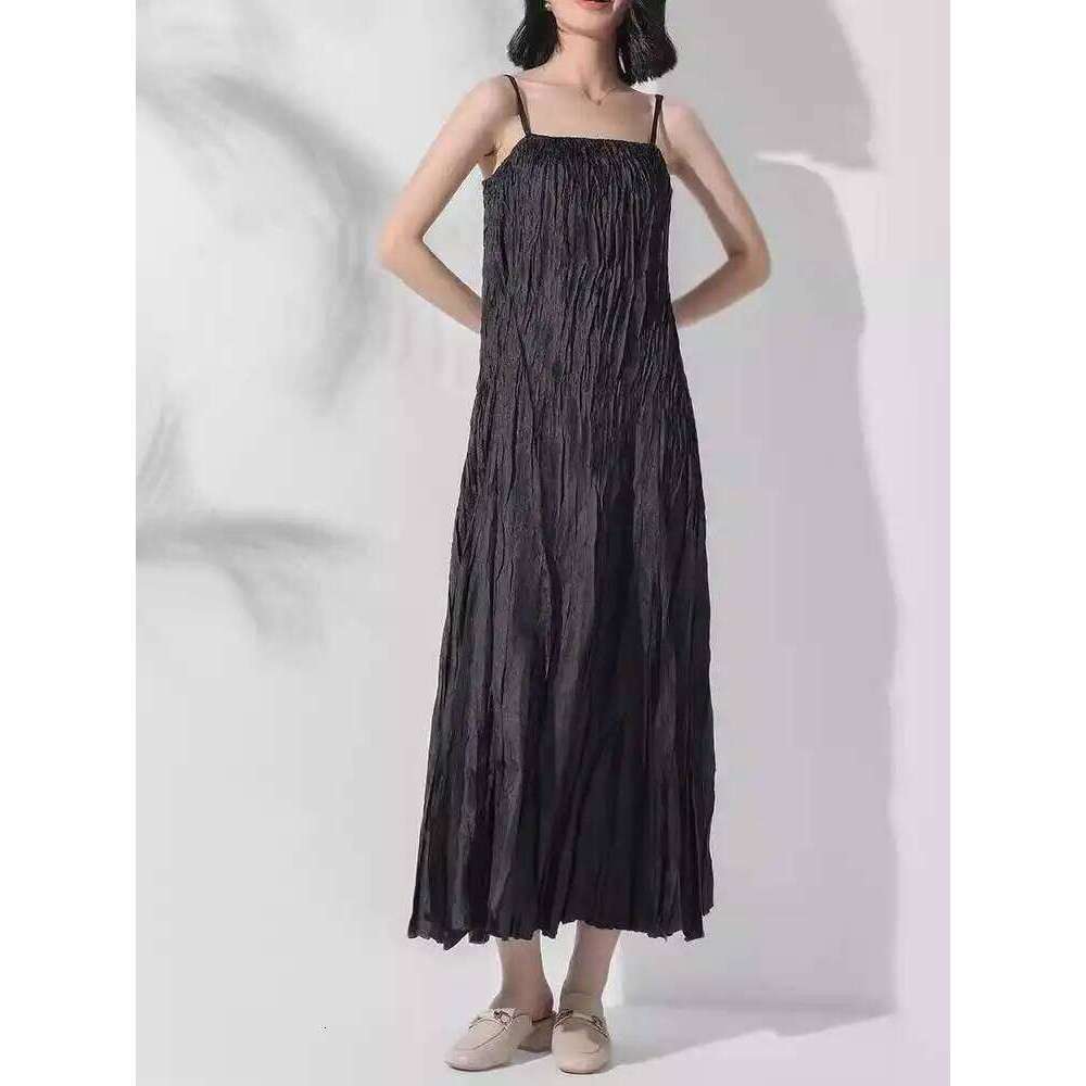 Fashion Handmade Strap Dress For Women High Waist Solid Color Pleated Sling Long Dresses Female Summer New