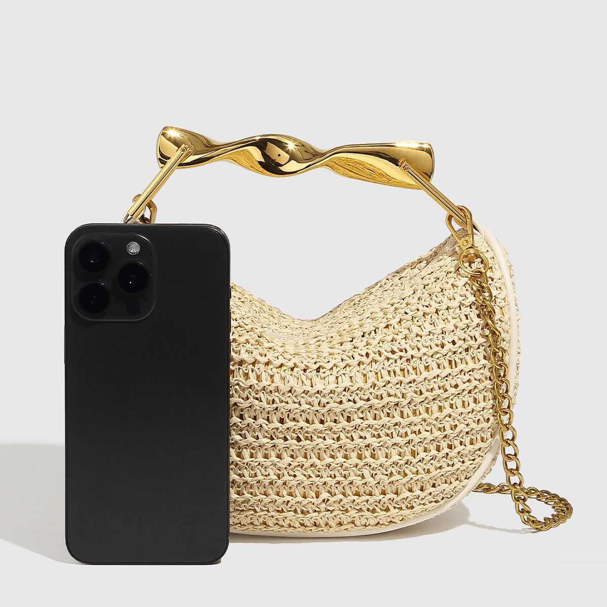 Summer Metal Handle Crossbody Zipper Woven Beach Bag Reliable Crescent Shaped Beach Str Woven Shoulder Crossbody Bag Y250730