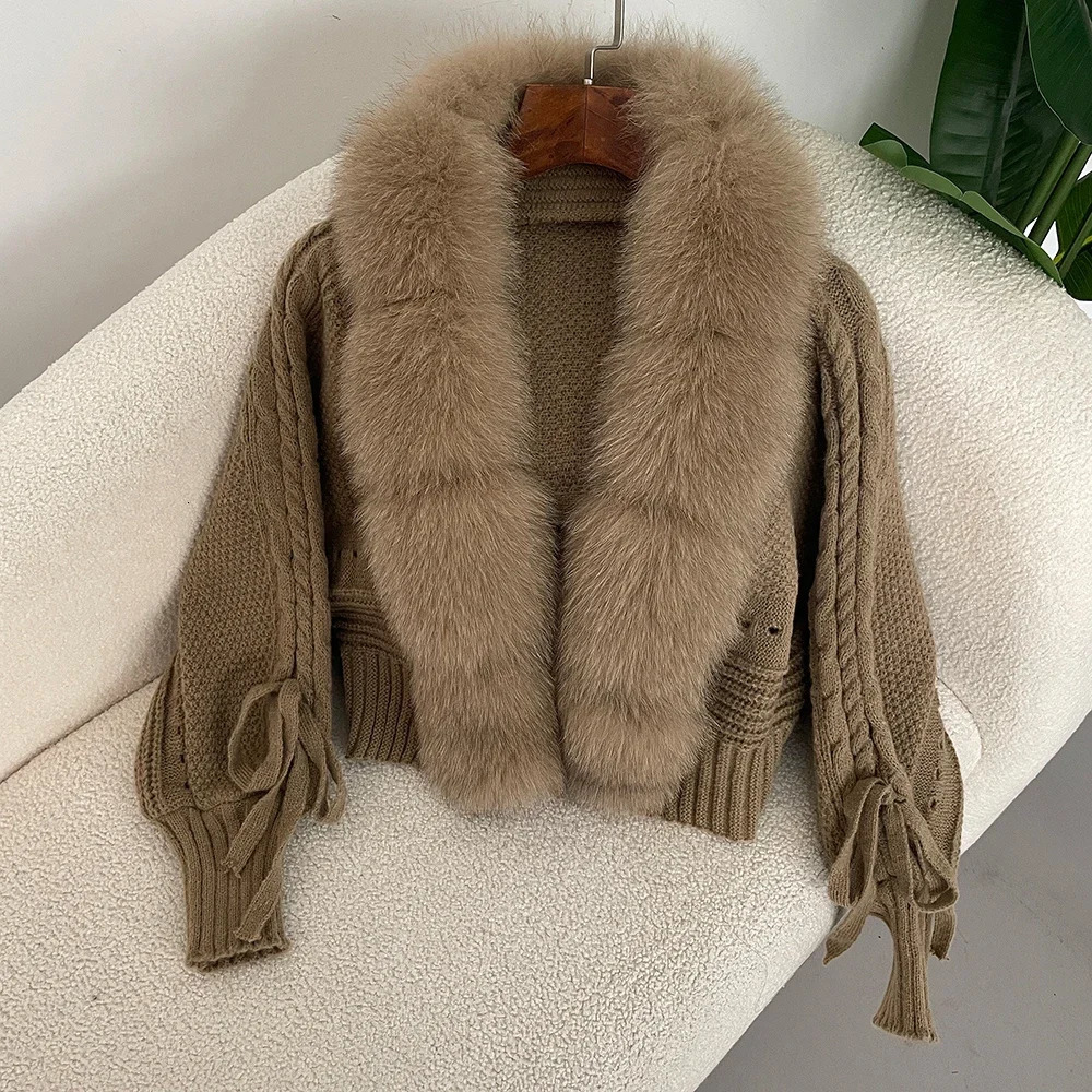 Knitting Cardigan Winter Women Knitted Jacket with Natural Fur Placket Coat Casual Real Fox Fashion Short Warm 250730