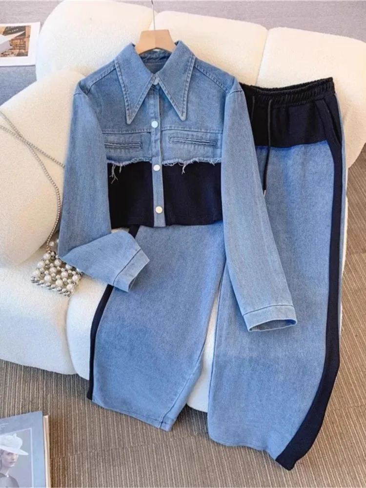 Denim Patchwork Pants Sets Women Fashion Long Sleeve Singlebreasted Short Jacket Straight Trousers Two Piece Set Female 250730