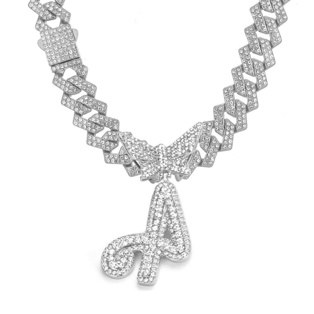 26 Alphabet Alloy Rhinestone Necklace Butterfly Clasp Full Dia Hip Hop Pendant