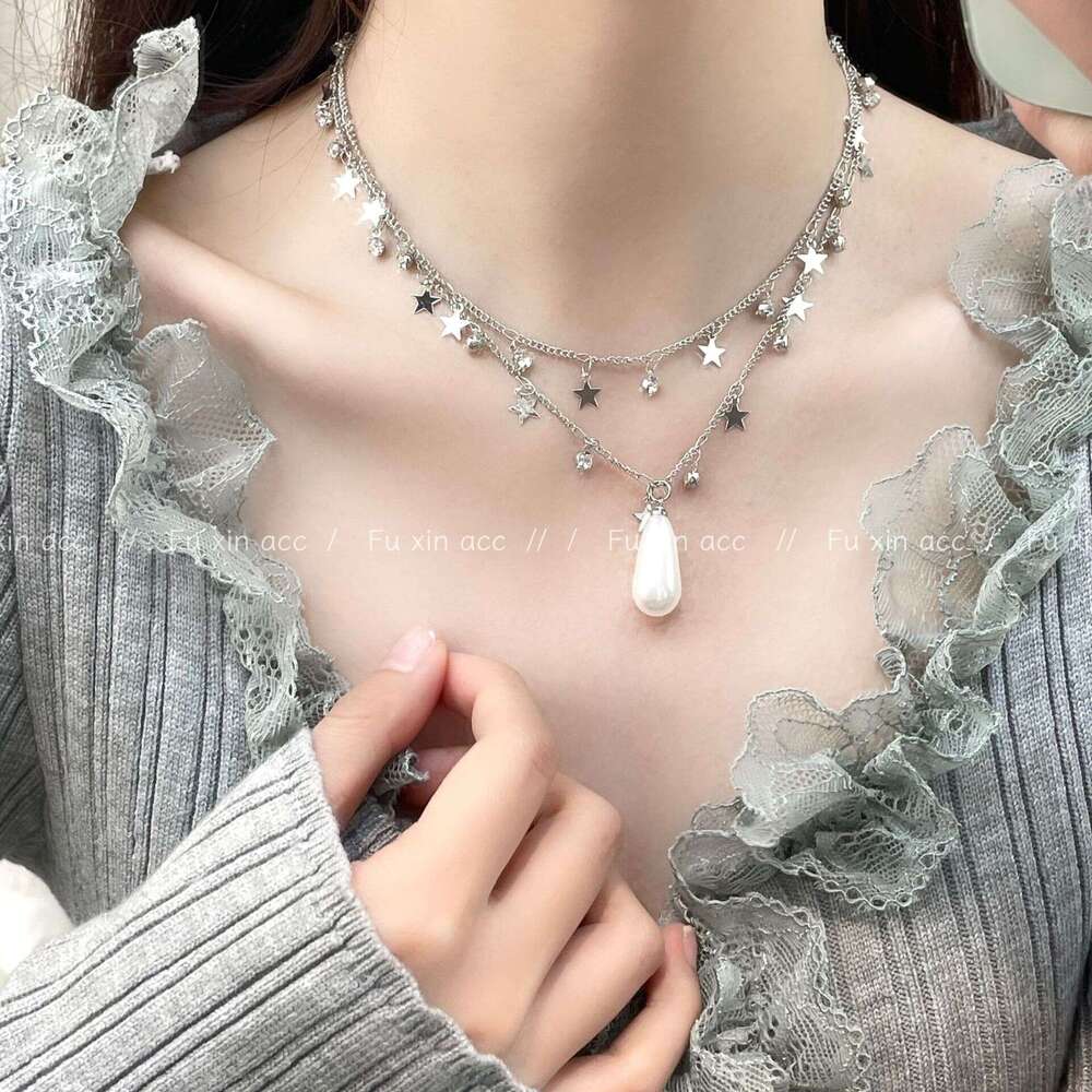 Sier Water Drop Pearl for Women 2024 New Light Niche Clavicle Chain Minimalist Double Layer Star Necklace 3aa