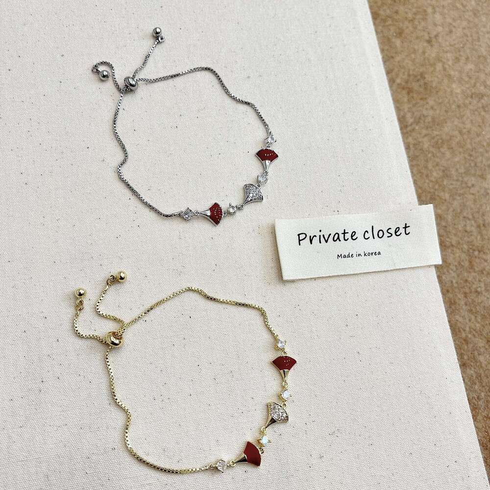 Autumn Winter Ancora Red Inlaid Dia Fan-shaped Oil Drop Mini Dress Pull-out Bracelet for Women Light Niche Exquisite Jewelry fa6