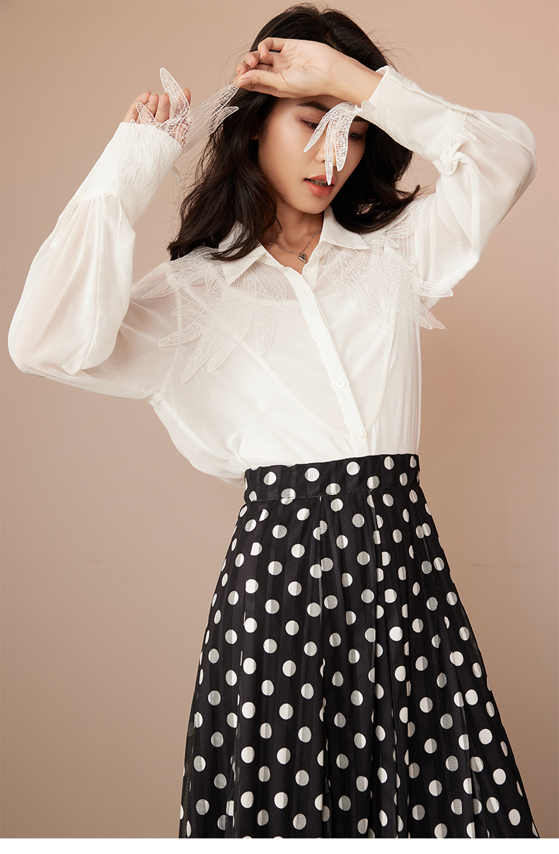 Womens Tulle Skirt White Polka Dot Midi Skirts Elastic High Waist Pleated Mesh Flowy A-Line Skirt Wedding Party Outfit 6111682