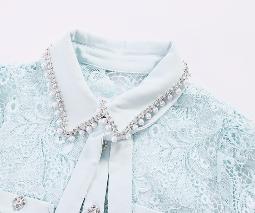 Women's Elegant French Hollow airy Lace Top with Pocket Design Lace Shirt Party Summer Resort Wear Office Women Clothing 6112420